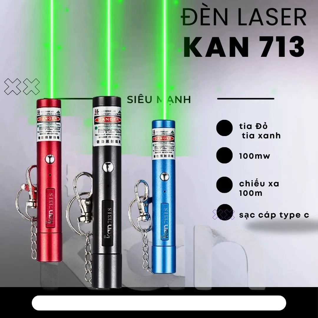 Bút Laser Laze Kan 713LS Tia Xanh Lá 10cm Sạc USB 3 den laser kan 713 tia xanh la sac usb mini